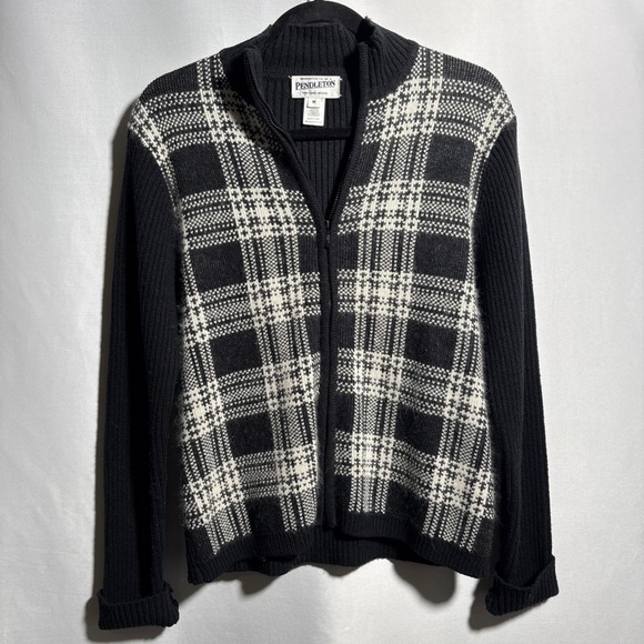 Pendleton Sweaters - Pendleton Womens Black White Plaid Zip Up Sweater M Silk Angora Cashmere Wool